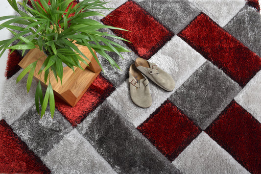 Red Block Pattern Shaggy Rug