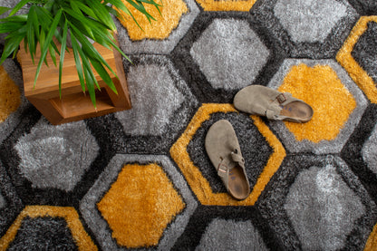 Honeycomb Haven Shaggy Rug Yellow/Grey