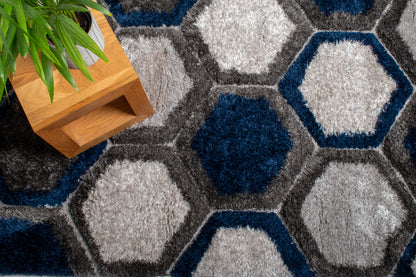 Honeycomb Haven Shaggy Rug - Blue/Grey